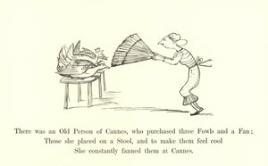 Siellä oli Cannesin vanha henkilö, joka osti kolme kanaa ja tuulettimen tekijältä Edward Lear