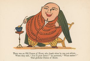 Oli eräs Hurstin vanha mies, joka joi, vaikka ei ollut janoinen, Frederick Warne and Co:n julkaisemasta "A Book of Nonsense", Lontoo, n. 1875. tekijältä Edward Lear