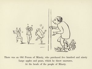 Siellä oli eräs vanha henkilö, joka osti viisisataayhdeksänkymmentä suurta omenaa ja päärynää tekijältä Edward Lear