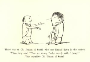 Siellä oli Sestrin vanha henkilö, joka istuutui sappihuoneeseen tekijältä Edward Lear