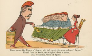 Olipa kerran eräs spartalainen vanhus, jolla oli kaksikymmentäviisi poikaa ja yksi "tikka", kirjasta "A Book of Nonsense", jonka julkaisi Frederick Warne and Co., Lontoo, noin 1875.