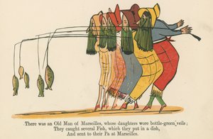 Siellä oli Marseillen vanha mies, jonka tyttäret käyttivät pullonvihreitä hunnuja, kirjasta "A Book of Nonsense", jonka julkaisija Frederick Warne and Co., Lontoo, noin 1875 tekijältä Edward Lear