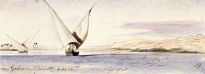 Näkymä Niilille lähellä Golosonaa (Egypti), jossa purjehtii perinteinen egyptiläinen vene. Värillinen akvarellipiirros tekijältä Edward Lear