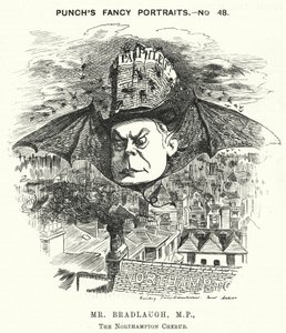 Punch-sarjakuva: Charles Bradlaugh, englantilainen liberaalipoliitikko ja ateisti (kaiverrus)