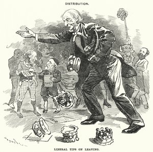 Punch sarjakuva: Jakelu. Liberaalisia vinkkejä lähtemiseen (kaiverrus) tekijältä Edward Linley (after) Sambourne