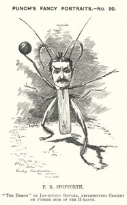 Punch-sarjakuva: Fred Spofforth, australialainen krikettipelaaja (kaiverrus) tekijältä Edward Linley (after) Sambourne