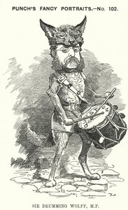 Punch-sarjakuva: Henry Drummond Wolff, englantilainen konservatiivipoliitikko (kaiverrus) tekijältä Edward Linley (after) Sambourne