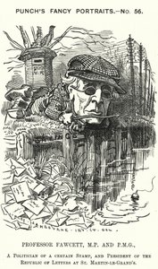 Punch-sarjakuva: Henry Fawcett, englantilainen poliitikko ja taloustieteilijä (kaiverrus) tekijältä Edward Linley (after) Sambourne