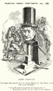 Punch-sarjakuva: James Nasmyth, skotlantilainen insinööri ja höyryvasaran keksijä (kaiverrus) tekijältä Edward Linley (after) Sambourne