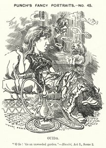 Punch-sarjakuva: Ouida (Maria Louise Rame), englantilainen kirjailija (kaiverrus) tekijältä Edward Linley (after) Sambourne