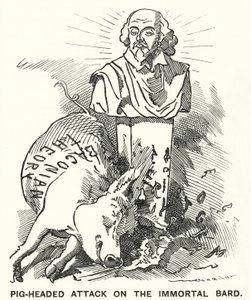 Punch-sarjakuva: Pig-headed Attack on the Immortal Bard - teoria, jonka mukaan William Shakespearen näytelmät ovat itse asiassa Sir Francis Baconin kirjoittamia (kaiverrus)