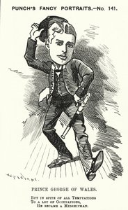 Punch-sarjakuva: Walesin prinssi George, tuleva kuningas George V, kuninkaallisen laivaston keskilaivamiehenä (kaiverrus) tekijältä Edward Linley (after) Sambourne