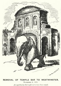 Punch-sarjakuva: Temple Barin poistaminen Westminsteriin (kaiverrus) tekijältä Edward Linley (after) Sambourne