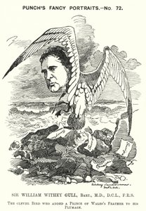Punch-sarjakuva: Sir William Withey Gull, englantilainen lääkäri, joka hoiti Walesin prinssin lavantautia ja josta tuli kuningatar Victorian yleislääkäri (kaiverrus) tekijältä Edward Linley (after) Sambourne