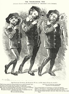 Punch-sarjakuva: The Troublesome Trio: Lord Randolph Churchill, Henry Drummond Wolff ja Ellis Ashmead-Bartlett, brittiläiset konservatiiviset poliitikot (kaiverrus) tekijältä Edward Linley (after) Sambourne