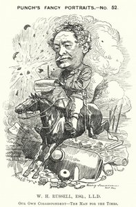 Punch-sarjakuva: William Howard Russell, irlantilainen toimittaja ja sotakirjeenvaihtaja (kaiverrus) tekijältä Edward Linley (after) Sambourne