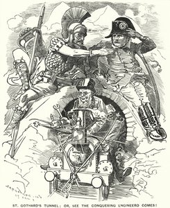 Punch-sarjakuva: St Gotthardin rautatietunnelin valmistuminen Alppien alla (kaiverrus) tekijältä Edward Linley (after) Sambourne