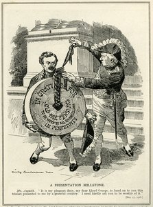 "Esitys Millstone", pääministeri Asquith esittelee valtiovarainministeri Lloyd Georgelle vanhuuseläkejärjestelmän, 1908 tekijältä Edward Linley Sambourne
