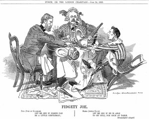Kokoomushallitus. Devonshiren herttua ja Arthur Balfour (keskellä) yrittävät hallita Joseph Chamberlainia, liittouman nuoremman puolueen johtajaa. Syyskuussa 1903 hän erosi saadakseen vapaasti puolustaa tariffiuudistuksiaan. Edvard Linley Sambournen sarjak