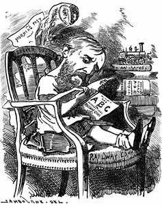 Evelyn Ashley (1836-1907) englantilainen kirjailija ja liberaalipoliitikko: Shaftesburyn seitsemännen jaarlin poika. Edward Linley Sambournen sarjakuva Fancy Portraits -sarjassa Punch Londonista huhtikuussa 1881, kun Ashley oli alisihteeri Board of Tradess tekijältä Edward Linley Sambourne