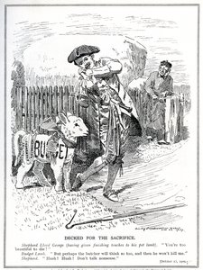 Lloyd George valmistautuu lähettämään "lemmikkikaritsansa", "kansan budjetin", ylähuoneen uhrattavaksi ja tappavaksi, 1909 tekijältä Edward Linley Sambourne
