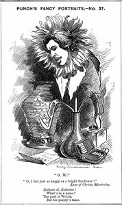 Oscar Wilde (1854-1900) irlantilainen näytelmäkirjailija, kirjailija, runoilija ja nokkeluus. Edward Linley Sambournen sarjakuva Punch Londonin "Fancy Portraits" -sarjasta 25. kesäkuuta 1881, jossa Wilde näkyy auringonkukana. Puunkaiverrus