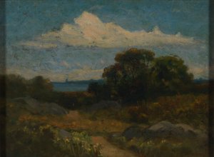 Maisema (puita ja kiviä järven rannalla) tekijältä Edward Mitchell Bannister