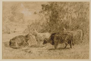 Maisema neljän lehmän kanssa, c. 1880-luku (hiili paperilla) tekijältä Edward Mitchell Bannister