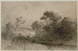 Maisema kattojen kanssa puiden takana (#49) c. 1880-luku (grafiitti paperille) tekijältä Edward Mitchell Bannister