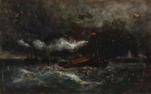 Squall, Brenton Light vene myrskyssä, majakka taustalla, n.d.