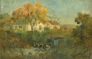 Juomaallasmies kärryssä härkien kanssa uima-altaalla, 1895. tekijältä Edward Mitchell Bannister