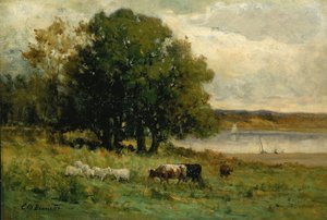 Nimetön (karjaa joen varrella ja purjevene kaukana) tekijältä Edward Mitchell Bannister