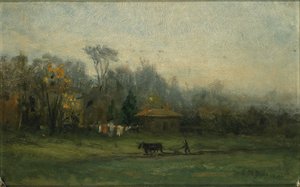 Nimetön (maisema, jossa mies kyntää peltoja) tekijältä Edward Mitchell Bannister