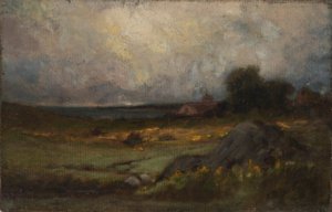 Nimetön (maisema, etualalla kallio ja katto, jossa on kirkontorni, taustalla järvi) tekijältä Edward Mitchell Bannister