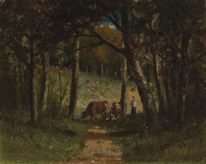Nimettömät lehmät polulla metsässä, 1883. tekijältä Edward Mitchell Bannister