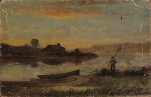 Nimetön maisema, vene ankkuroituna lähellä rantaa ja mies kävelee, 1896. tekijältä Edward Mitchell Bannister