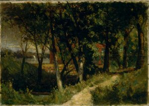 Nimetön maisema, metsämaisema punaisella aidalla ja rakennuksella, 1893. tekijältä Edward Mitchell Bannister