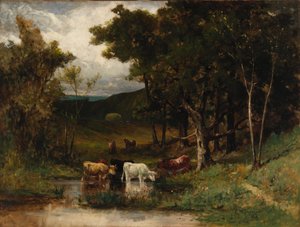 Nimetön maisema, jossa lehmiä purossa puiden lähellä, 1882. tekijältä Edward Mitchell Bannister