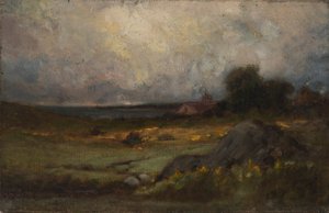 Nimetön maisema, jossa kivi etualalla ja katto tornilla, järvi taustalla, n.d. tekijältä Edward Mitchell Bannister