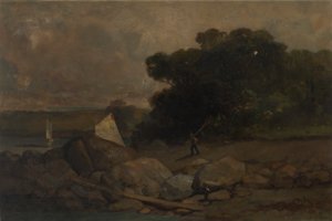 Nimetön maisema kivillä, miehellä ja purjeveneillä, 1895. tekijältä Edward Mitchell Bannister