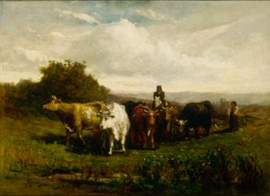Nimetön mies hevosen selässä, nainen jalkaisin ajamassa karjaa, 1880.