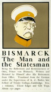 Bismarck: Mies ja valtiomies, juliste, jossa on muotokuva rintakuva Otto von Bismarckista (1815-1898), saksalainen valtiomies, ja mainos Bismarckin muistelmia tekijältä Edward Penfield