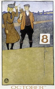 Pariskunta pelaa golfia - Edward Penfieldin "" Golf Calendar" -kirjassa, toim. 1899 tekijältä Edward Penfield