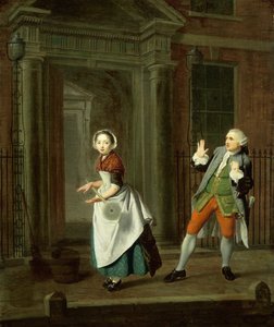 Hyvin pukeutunut palvelijatyttö pyörittää moppiaan, c1764