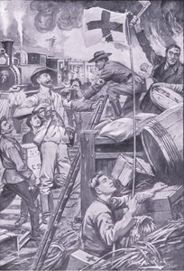 Väärä ambulanssimies tuhoaa Komati Foortin kauppoja Punaisen Ristin lipun alla, kuva Pretorian jälkeen: Sissisota, 1902 tekijältä Edward Read