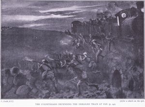Coldstreams puolustamassa kiskoilta suistunutta junaa, kuvitus teoksesta After Pretoria: The Guerilla War, 1902 tekijältä Edward Read