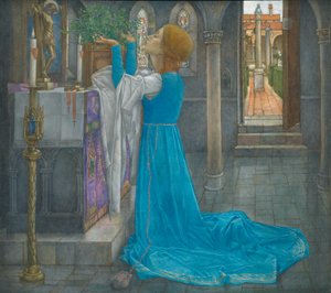 Isabella ja basilikaruukku (tempera kankaalle)