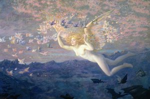 Aamun siivillä, 1905 (wc korotettu pintakäsittelyvärillä ja kultamaalilla). tekijältä Edward Robert Hughes