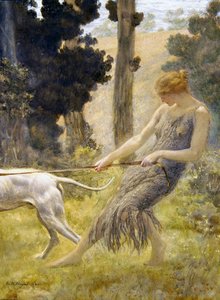 Nainen ulkoiluttamassa koiraansa (tempera laivalla) tekijältä Edward Robert Hughes