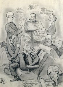 The Bystander 1000th Number, mukana Lord Cave (1856-1928) Stanley Baldwin (1867-1947), Lord Salisbury (1861-1947), Herbert Asquith (1852-1928) ja Winston Churchill (1874-1965) tekijältä Edward Tennyson Reed